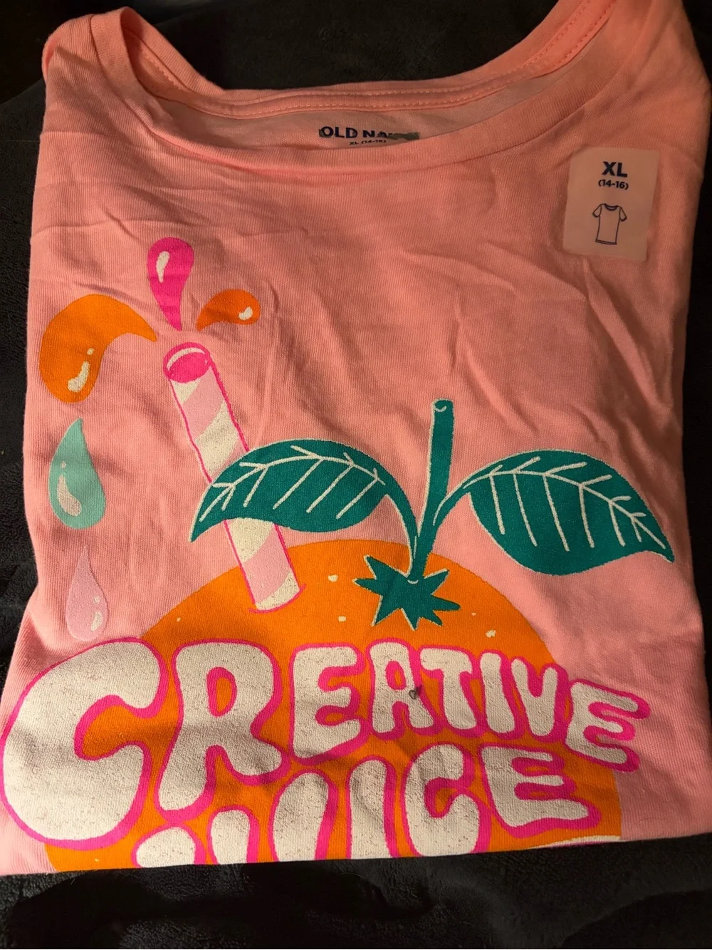 Old Navy Pink Graphic Tee with Orange & Teal 'Creative Juice' Print